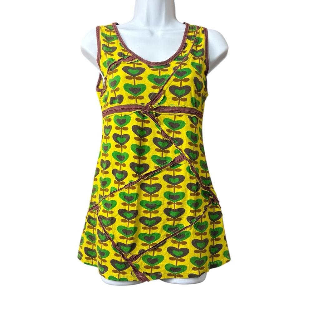 Y2K Smash Babydoll Retro Cotton Tank Green Brown Floral Hearts Print Size Medium